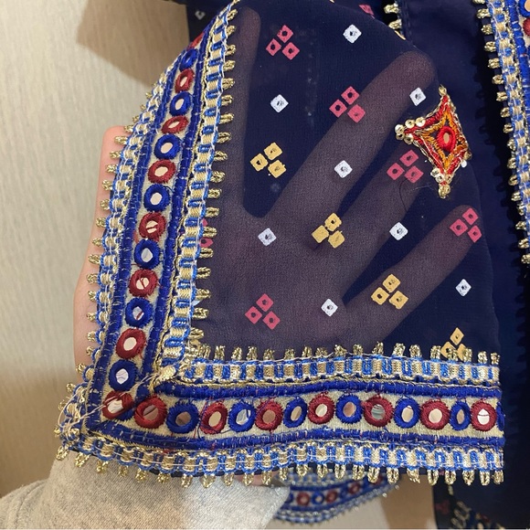 Navy Blue Indian Sari Saree with Mirror Work Trim and Embroidered Details - Picture 2 of 4